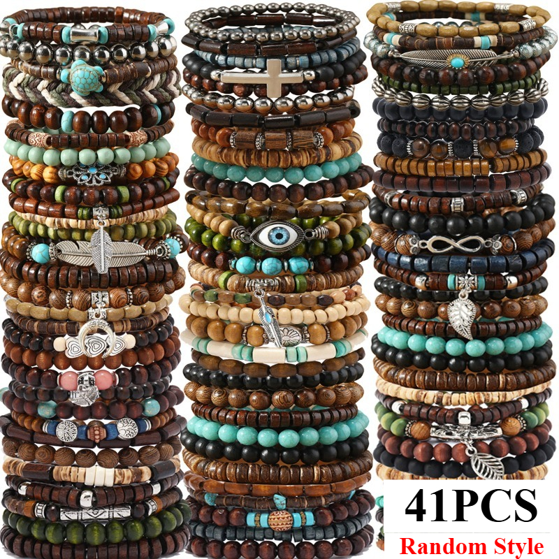 Bead Bracelet Men - 41PCS Natural Wood Elastic Beaded Bracelet