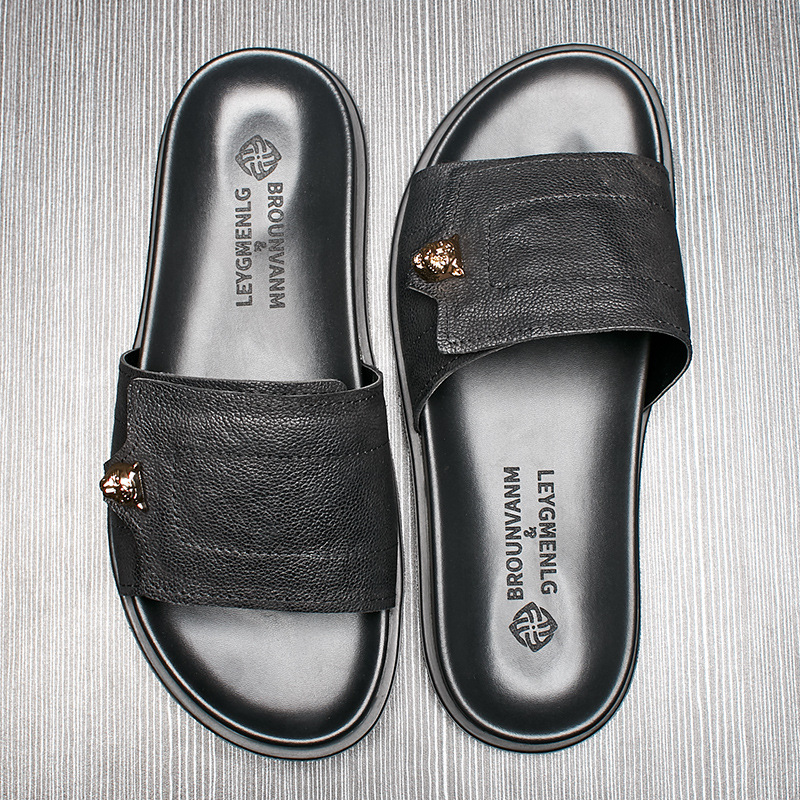 Men'S Accessories Leather - 2025 New Genuine Leather Slippers Metal
