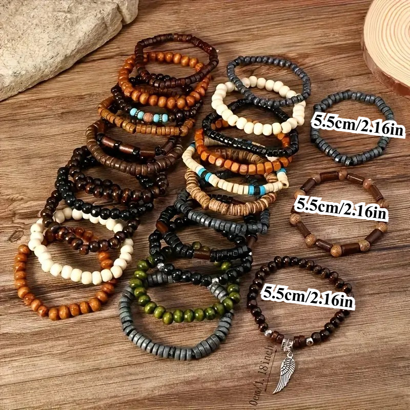 41PCS Natural Wood Elastic Bea - Bead Bracelet Men avis et prix